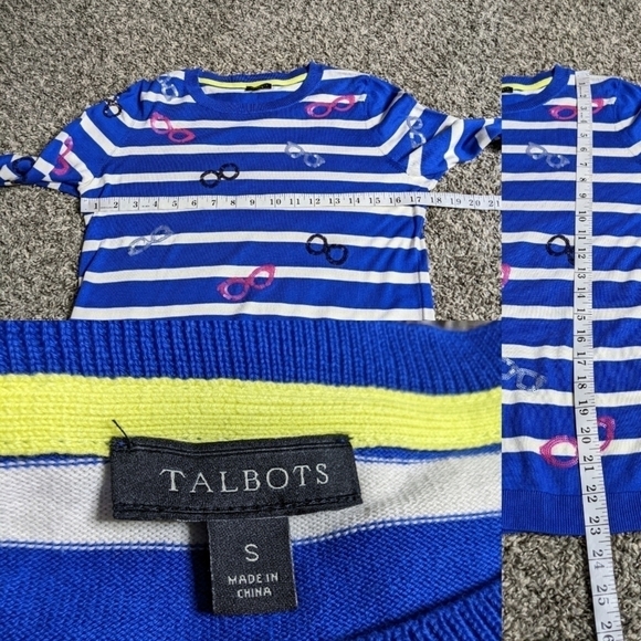 ✨3/$15 Talbots blue white striped sequin glasses sweater S - Picture 6 of 7